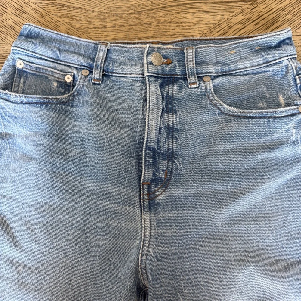 Madewell High Rise Wide Leg Jeans Light Wash Raw Hem Blue Denim Distressed Sz 27